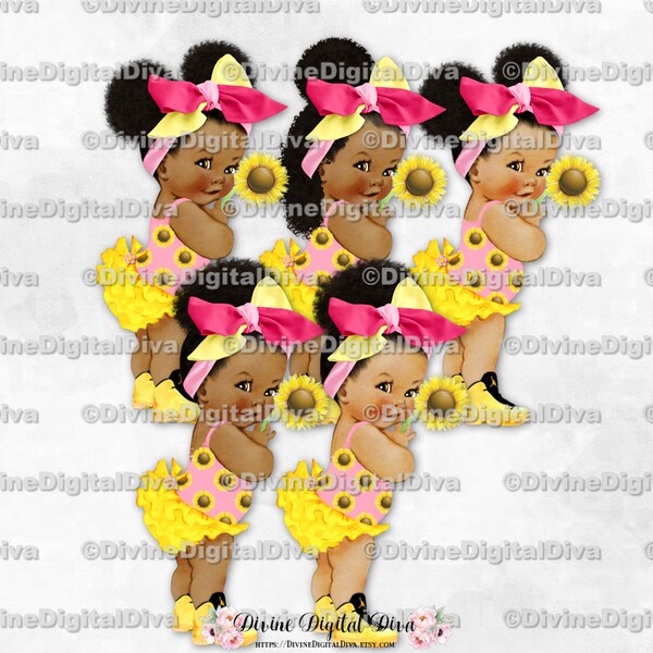 Sunflower Yellow & Pink Ruffle Pants Head Bow Sneakers | Baby Girl Puffs Bun Babies of Color | Clipart Instant Download