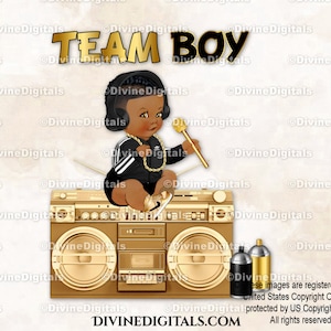 Team Boy Nero e Oro per T-shirt e altro DJ Mic / Trecce tono scuro per neonati / Afroamericano / Rivelazione del sesso / Download immediato