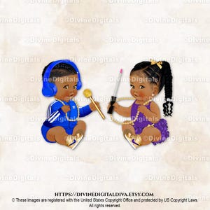 Hip Hop DJ Headset Royal Blue Gold Chain Purple Beats Lip Gloss | Bebê Menino Menina Tranças Tom Escuro | Revelação de Gênero | Clipart Download Instantâneo