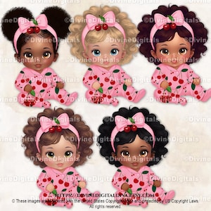 Clipart bébé fille thème cerise, rose rouge et vert, noeud de tête, baby shower cerise, anniversaire cerise, téléchargement immédiat PNG