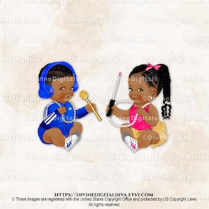 Hip Hop DJ Headset Royal Blue Gold Chain Hot Pink Beats | Baby Boy Girl Dark Tone Braids | Gender Reveal | Clipart Instant Download