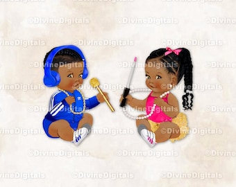 Hip Hop DJ Headset Royal Blue Gold Chain Hot Pink Beats | Baby Boy Girl Dark Tone Braids | Gender Reveal | Clipart Instant Download