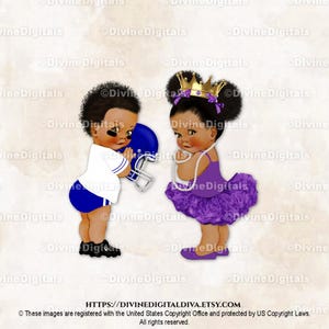 Touchdowns or Tutus Baby Football & Ballerina Royal Blue Purple | Dark Tone Boy Girl Puffs | Gender Reveal Twins | Clipart Instant Download