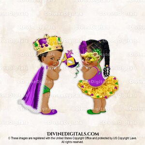 Prince Princesse Mardi Gras Or Violet Vert Cape Tutu Masques | Tresses bébé garçon fille foncées | Révéler le genre | Clipart à téléchargement immédiat