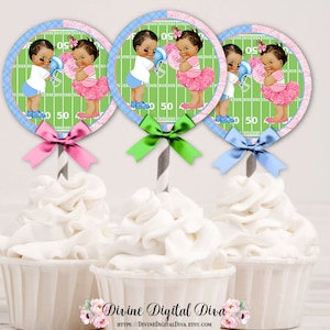 Cupcake Topper Touchdowns Tutus Rosa Azul Claro Bailarina Futebol | Tom Médio Bebê Menino Menina Revelação do Sexo | Download Digital Instantâneo