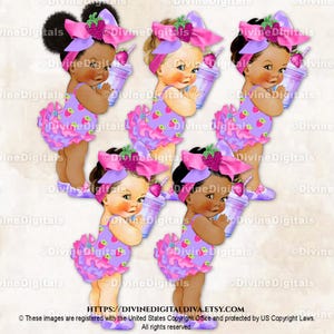 Smoothie d'été rose vif à thème fraise et lavande | 3 tons de peau de bébé fille | Clipart à téléchargement immédiat