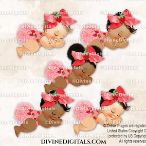 Grand noeud rouge à thème fraise | Petite fille endormie 3 tons chair | Clipart à téléchargement immédiat