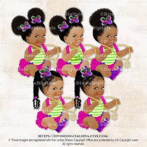 Fresh Princess - Baskets dorées à rayures violettes, jaunes et vertes fuchsia | Assis petite fille bébés de couleur | Clipart à téléchargement immédiat