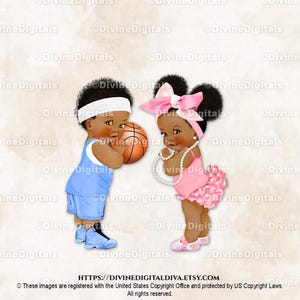 Basketball Blue Pink Big Bow Pearls Boy Girl Dark Tone Clipart Instant Download