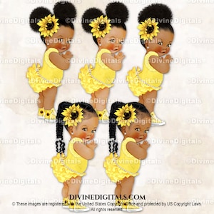 Baskets jaune tournesol pantalon à volants, accent losanges | Petite fille, bébés de couleur afro-américaine | Clipart à téléchargement immédiat
