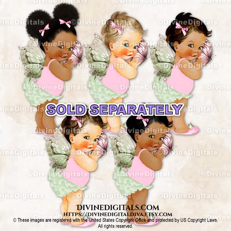 Butterfly Princess Pink Sage Green Wings Baby Girl 3 Skin Tones Clipart