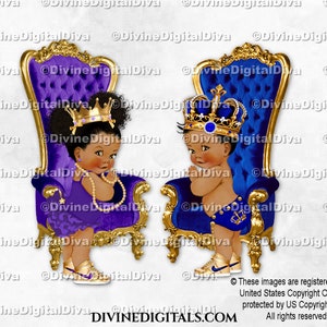 Kleine prins prinses koningsblauw paars gouden stoeltroon | Donkere soezen babyjongen, meisje | Clipart direct downloaden