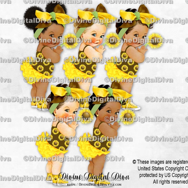 Sunflower Yellow Brown Green Ruffle Pants Big Bow Sneakers | Baby Girl 3 Skin Tones | Clipart Instant Download