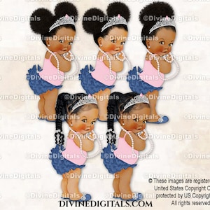 Princess Ruffle Pants Blue Denim & Diamonds Pink Pearls Tiara | Baby Girl Babies of Color Puffs Braids | Clipart Instant Download