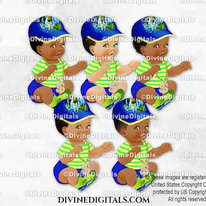 Kleiner Prinz Royalblau Frisches Grün Grüne Mütze Hut Sneakers Gold Kette | Sitzendes Baby 3 Hauttöne | Clipart Sofort Download