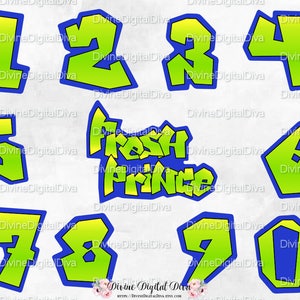 Nouveaux chiffres et enseigne | Vert néon Jaune Bleu roi | Hip-hop des années 90 | Téléchargement instantané PNG numérique