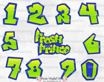 Fresh Numbers and Sign | Neon Green Yellow Royal Blue | 90's Hip Hop | Instant Download PNG Digital