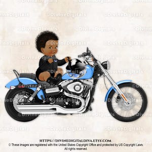 Kleiner Prinz Reiten Motorrad Biker Jacke Schwarz Stiefel Helm Hellblau Schwarz | sitzender Baby Junge dunkler Ton | Clipart Sofort Download