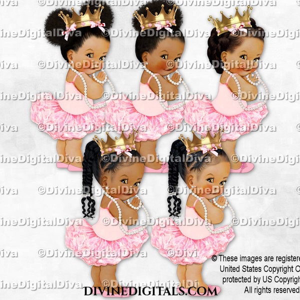 Princesse Ballerine Rose Tutu Chaussures Or Couronne Perles | Bébé fille bébés afro-américains de bouffées de couleur | Clipart Téléchargement instantané