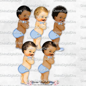 Pannolino con papillon azzurro e baffi Little Gentleman / Neonato 3 tonalità di pelle / Clipart Download immediato