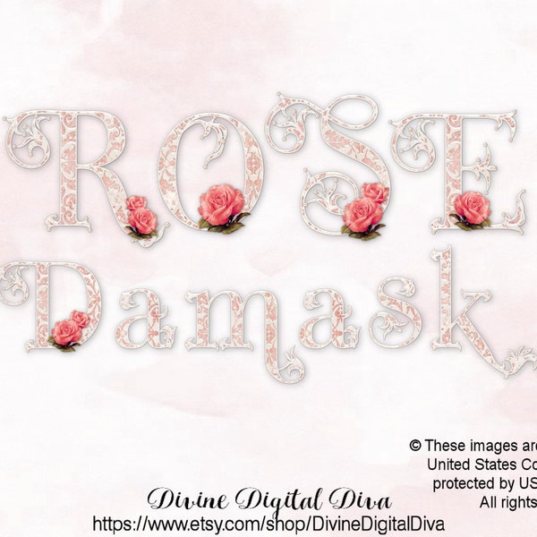 Alphabet Letters Roses Pearls Damask Pink & Ivory | Rococo Letters Ornamental Feminine | Clipart Printable Digital Images Instant Download