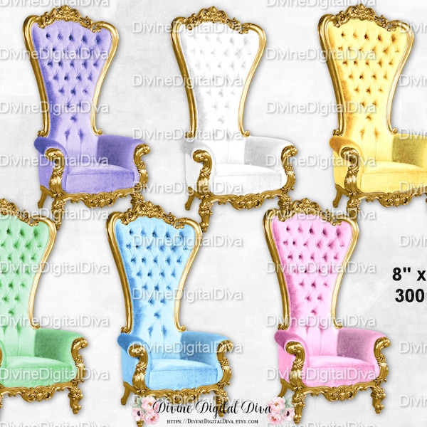 Pastel High Back Chair Royal Throne Velvet Images | Yellow Lavender Mint Green Pink Blue White Silver Gold | Clipart Instant Download