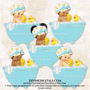 Vasca da bagno con schiuma per bambina, cuffia da doccia a forma di paperella, turchese, blu e giallo / 3 tonalità di pelle / Clipart Download immediato