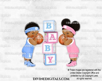 Basketball Players Baby Blocks Blue Pink Headband Sneakers | Boy Girl Dark Tone African American | Gender Reveal Twins | Instant Download