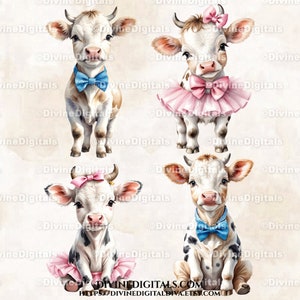 Aquarelle bébé vache bleu noeud papillon tutu rose sexe pour chambre d'enfant garçon fille | Utilisation commerciale des cliparts à téléchargement immédiat