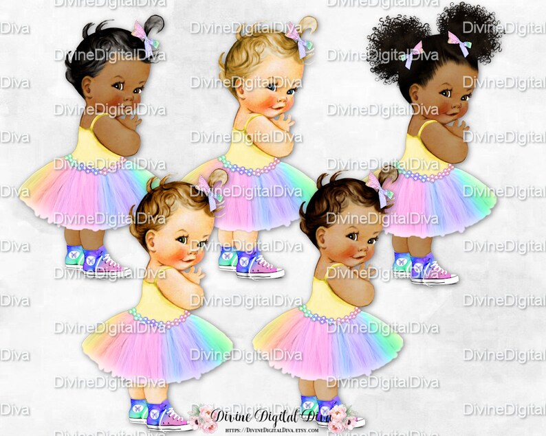 Clipart Instant Download Vintage Baby Girl Afro Puffs Princess Pastel Rainbow Tutu Yellow Shirt Sneakers
