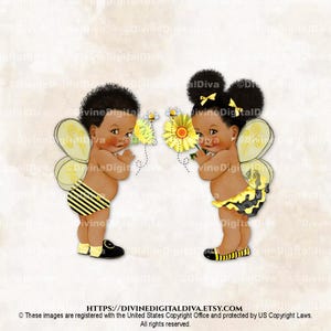 Queen Bee Prince Bee Baby Boy & Girl Yellow Black Wings Dark Tone Puffs Clipart