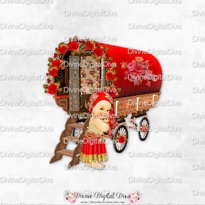 Falda con bufanda y monedas de rosas rojas y doradas de Gypsy & Wagon / Niña de piel clara / Descarga instantánea de imágenes prediseñadas