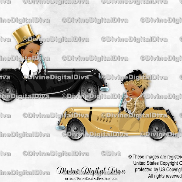 Roaring 20's Great Gatsby Harlem Nights Black Gold Cars Gender Reveal Twins Baby Boy Girl Dark Tone | Clipart Instant Download