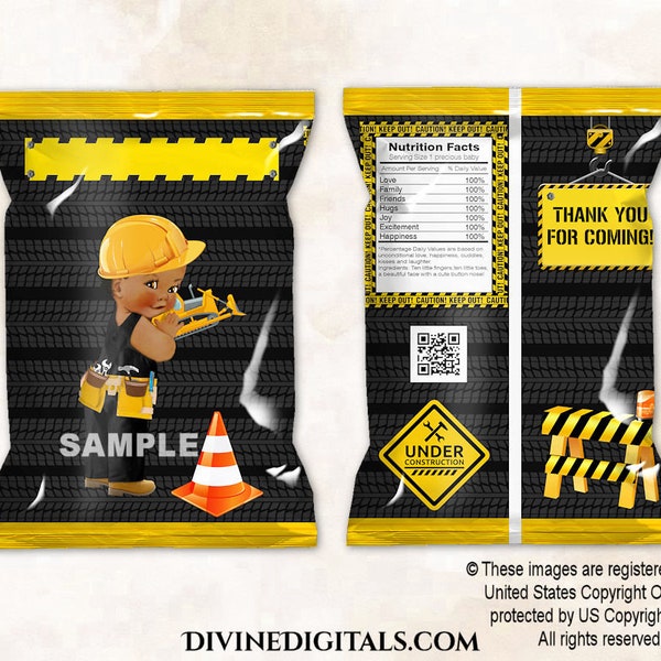 Add Your Own Text Blank Under Construction Printable Chip Bags Black Yellow | Baby Boy Dark Tone | Digital Instant Download