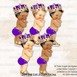 Royal Purple Little Prince Ornate Gold Crown Gold Sneakers | Baby Boy 3 Skin Tones | Clipart Instant Download