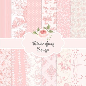 Français Toile de Jouy Rougir et Ivoire Blush Pink Ivoire | Pack de papier numérique d'arrière-plans | Téléchargement instantané