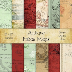 Cartes italiennes anciennes Digital Paper Pack | vintage Red Green BeigeInstant Télécharger