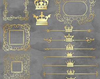 Prince Princess Elements Set Frames Dividers Crowns Gold | Clipart Transparent Digital PNG Instant Download