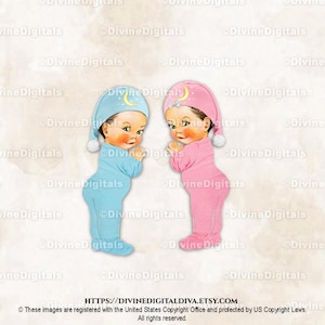 Twinkle Little Star roze blauwe footie pyjama babyjongen meisjes nachtmutsje met maan en sterren | Gender Reveal-tweeling | Clipart direct downloaden