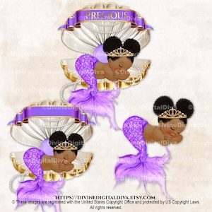 Mermaid Princess Sleeping in Clam Shell Purple & Gold Tiara Tail Pearls | Baby Girl Dark Tone African American Puffs | Clipart Download