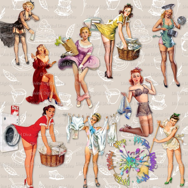 Housewife 50s Vintage Pinup Girls Housewives Housework Cleaning Laundry Cooking | Clipart Instant Download