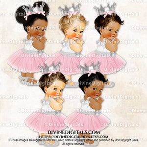 Robe tutu en tulle rose poudré princesse, cheville, ruban, couronne argentée | 3 tons de peau de bébé fille | Douche d'anniversaire | Clipart à téléchargement immédiat