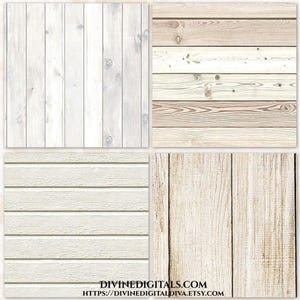 May include: A collage of four different wood textures. Top left shows white vertical planks. Top right features horizontal planks in shades of beige and brown. Bottom left has horizontal cream-colored planks. Bottom right shows vertical planks in light brown. Text: DIVINEDIGITALS.COM HTTPS://DIVINEDIGITALDIVA.ETSY.COM