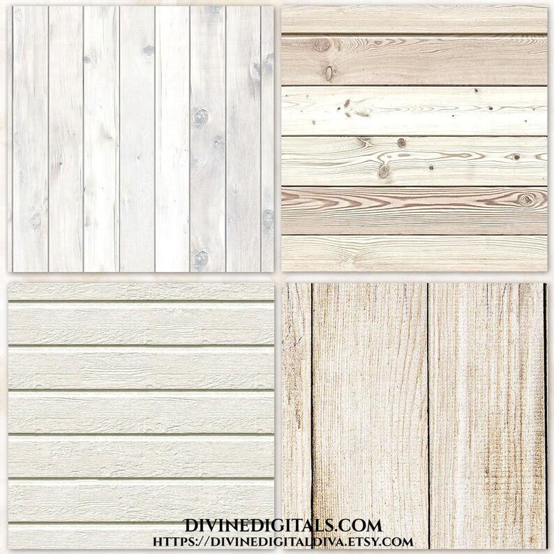 May include: A collage of four different wood textures. Top left shows white vertical planks. Top right features horizontal planks in shades of beige and brown. Bottom left has horizontal cream-colored planks. Bottom right shows vertical planks in light brown. Text: DIVINEDIGITALS.COM HTTPS://DIVINEDIGITALDIVA.ETSY.COM