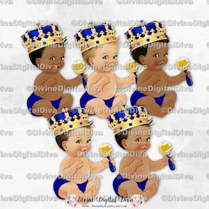 Kleiner Prinz Baby Bruder | Royalblau verzierte goldene Krone | Sitzendes Baby 3 Hauttöne | Clipart Sofort Download