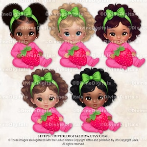 Clipart bébé fille thème fraise, rose vif et vert, noeud de tête, baby shower aux fraises, anniversaire aux fraises, téléchargement immédiat PNG