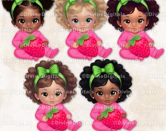 Clipart fraise thème bébé fille assise rose fuchsia et noeud vert