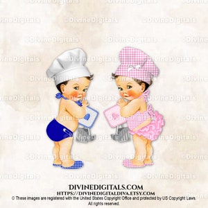 Little Chef BabyQ - Tablier en forme de chapeau vichy rose bleu roi | Peau Claire Garçon Fille | Sexe révélateur des jumeaux | Clipart à téléchargement immédiat