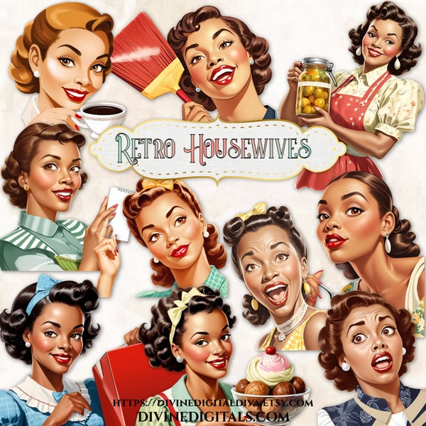 Retro Housewives Closeups & Funny Facial Expressions 50s Vintage Mid Century Women of Color African American | Clipart Instant Download