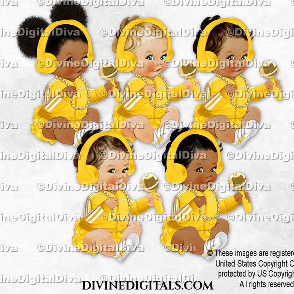 Hip Hop Yellow Jacket Headset Rattle Gold Chain | Sitting Baby Girl 3 Skin Tones | Instant Download